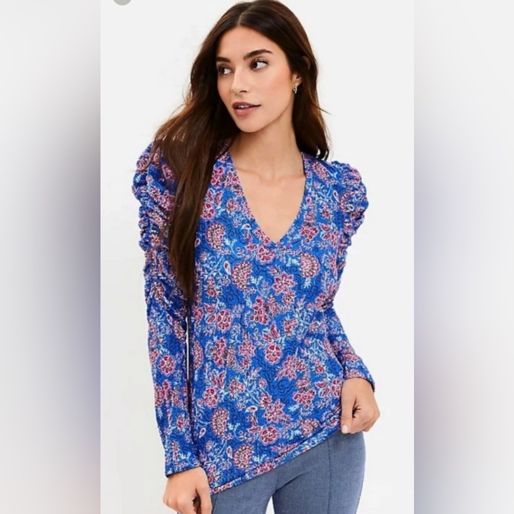 LOFT Blue Floral Ruched Puff Long Sleeve V-neck Knit Top Size Medium